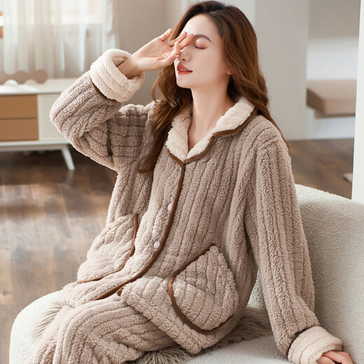 单南卫法兰绒睡衣女秋冬季加厚珊瑚绒家居服中青年妈妈装可外穿两件套 T687橘粉袋鼠熊 超厚 2XL ：建议(135-150斤)