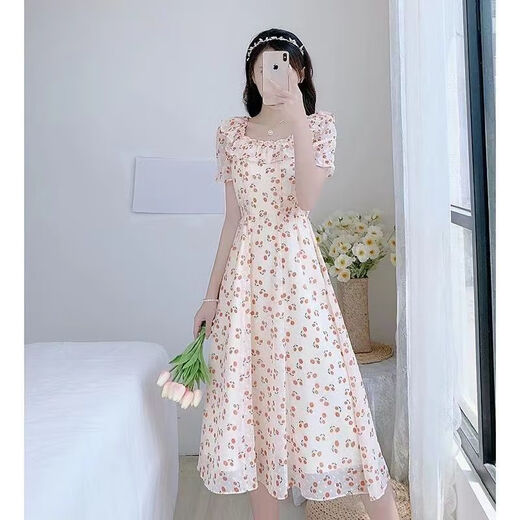 Yilizi [7027 people collect] 2025 new women's tea break French floral dress summer fresh Platycodon first love fairy apricot bottom floral M