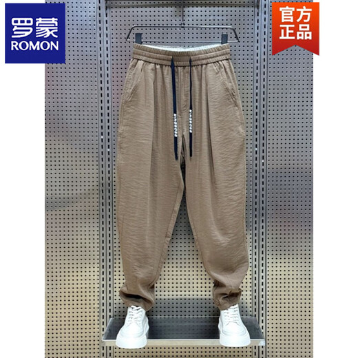 ROMON 2025 Sommer neuer Stil Baumwolle und Leinen atmungsaktive drapierte Freizeithose für Herren, trendige plissierte Haremshose, lockere Rettichhose, braun XL