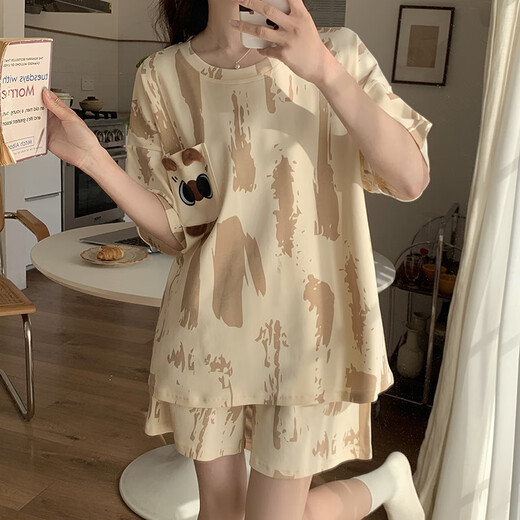 Fhhuabd-Pyjamas mit Brustpolster für Frauen 2024 Neue Sommer-Baumwoll-Kurzärmel-Shorts im Internet-Promi können Home Clothing-Anzug qgl-6627 m-Brustloser Pad [75-95jin [Jin gleich 0,5 kg]]]