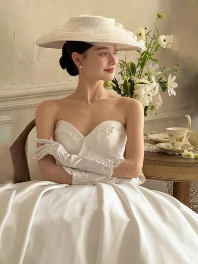 CLCEY Wedding Gloves Bridal Dress Satin French Retro Lace Hand Sleeve White Long Wedding Sleeve Arm Cover White Satin Pleated Style About 40cm