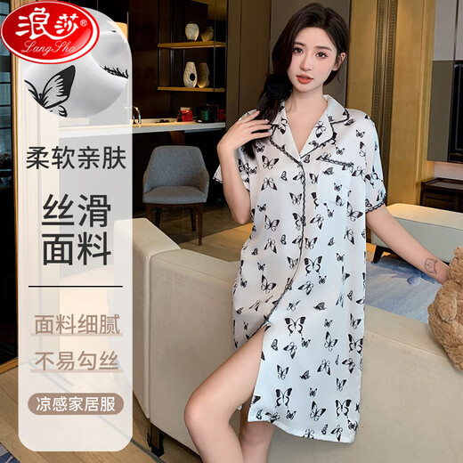 Langsha nightgown women's summer short-sleeved cardigan pajamas sexy thin dress summer home clothes 11972 average size [80Jin[Jin equals 0.5 kg]-135Jin[Jin equals 0.5 kg]]