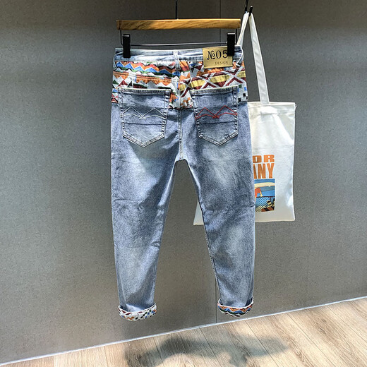 LEE KIDS embroidered trendy brand ins splicing internet celebrity white handsome nine-point spring and summer jeans men's summer ripped slim feet black jsn-869-5 32 (2 feet 5)