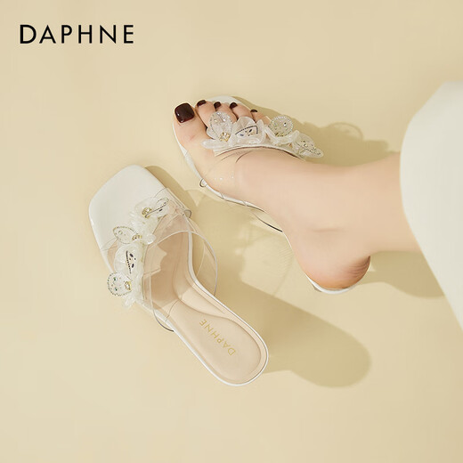 达芙妮（DAPHNE）露趾细跟拖鞋女外穿夏季时尚仙女风气质高跟鞋女凉拖女 米色  36 
