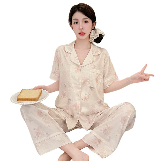 莫代尔冰丝睡衣女夏季2025新款提花短袖长裤轻奢套装高级感可外穿家居服 5009提花冰丝杏花短袖长裤 M 【建议95-110斤】