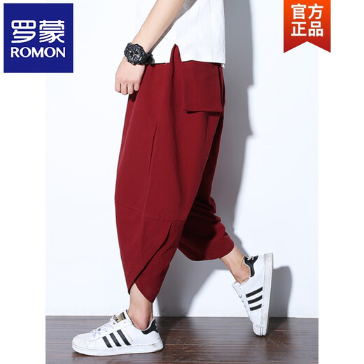 ROMON Summer Linen Cropped Pants Men's Trendy Large Size Bloomers Thai Wide-Legged Carrot Pants Loose Casual Harem Pants K602 Black M (90-120Jin[Jin equals 0.5 kg])