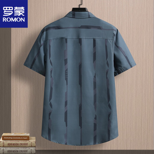 ROMON ice silk short-sleeved shirt men's elastic summer thin printed casual shirt half-sleeved stretch shirt without ironing handsome FJL7027 black M [95-110Jin[Jin equals 0.5 kg]]