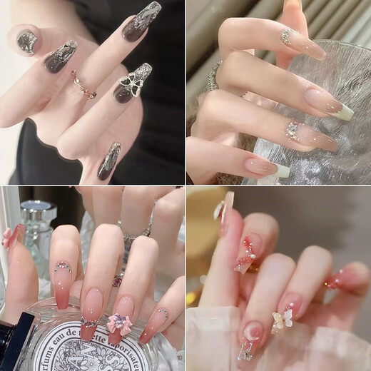 春夏高级感假指甲可拆卸可摘美甲甲片成品穿戴式指甲贴蝴蝶穿戴甲 L15260温柔山茶蝴蝶【长款】 美甲胶水款
