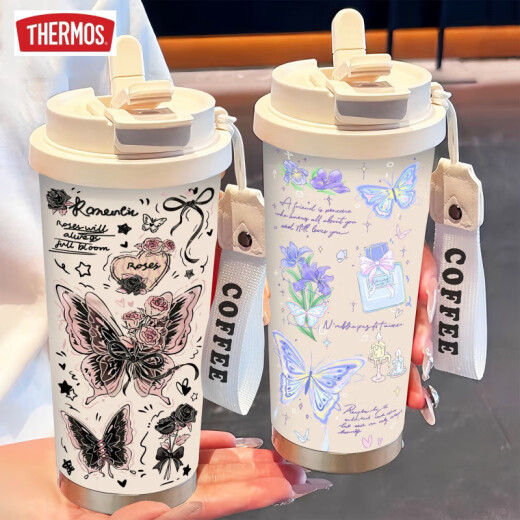 
THERMOS Simple Butterfly Thermos (THERMOS) Stainless Steel Portable Double Drinking Coffee Cup 2025 New Women's Straw Water Cup High-Precision BW1047 Silver Butterfly + Lanyard Ceramic Inner Bottom