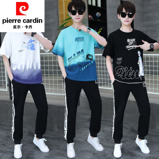 皮尔卡丹（pierre cardin）夏季青少年短袖t恤男孩衣服高中初中学生大童夏装帅气运动套装潮 白灰色 套装TZ9226款 S 【60-75斤】