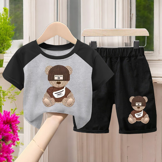 G.DUCKKIDS2025 Summer Children's Cotton Set Boys Thin T-shirt Handsome Short Sleeve Top Cartoon Casual Two-Piece Set 694#XT Short Green + 694# Gray Shorts Size 90 (Height 70-80cm)