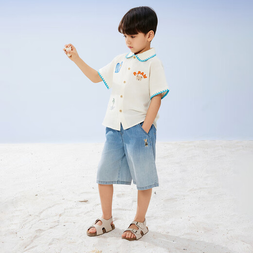 PawinPaw cartoon bear children's clothing 25 spring and summer new boys' lapel printed shirt comfortable cotton Beige beige/35 120