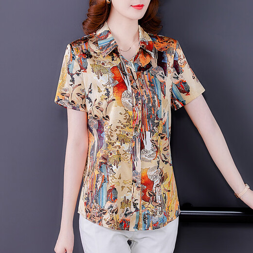 Kuss Yixiu Guangdong Puning High-End-Hemd für Frauen mit kurzärärmernem Frauen-Seidenhemd für Frauen im Sommer, mittleren und älteren Müttern für halbärmelige 9913 Farbe L [Vorgeschlagen 90-105 Jin [Jin gleich 0,5 kg]]