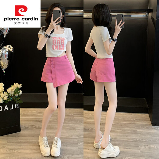 皮尔卡丹（pierre cardin）粉色排扣装饰休闲牛仔短裤女高腰显瘦假两件包臀裤裙短上衣两件套 7029白色上衣+7028玫红牛仔裙 S