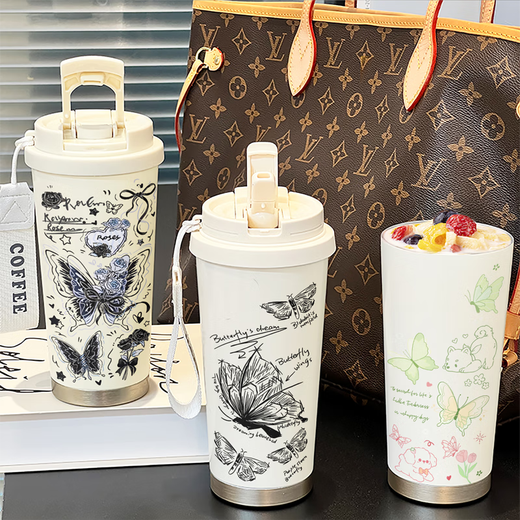 
HEENOOR (HEENOOR) butterfly thermos cup new high-value portable straw car coffee cup large capacity water cup female student antique white-BXAB6198 butterfly stainless steel