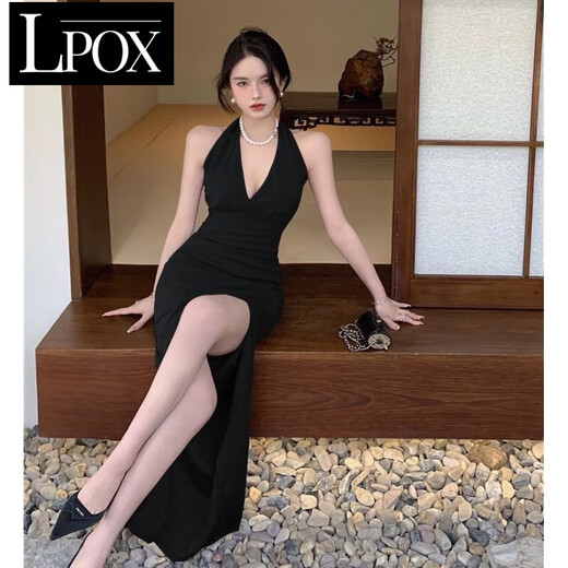 Vestido sexy LPOX con un vestido de cuello halter de hendidura para mujeres, vestido pequeño de gama alta de Xia Hepburn Slim Sexy Long Black L [105-115Jin [Jin equivale a 0.5 kg]]]
