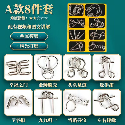 Lindo Luban Luban Lock Nine-Serial Toy Intelligence Desbloqueo de 24 piezas Conjunto de inteligencia de desbloqueo de estudiantes de desbloqueo y ancianos SET-A de 8 piezas para el cerebro.