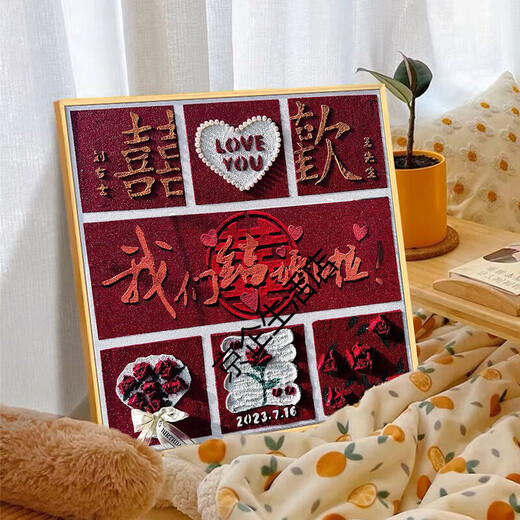 CLCEY网红黑粉喜字肌理画石英砂丙烯数字油画diy手工新结婚礼物装饰画 肌理画chj7371 60*60cm加厚实木内框