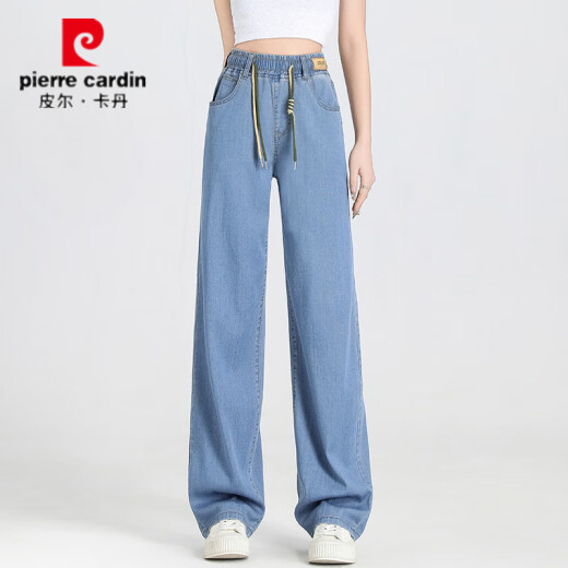 Pier Cardin Jeans de patas anchas para mujeres de verano Femenino Estilo delgado 2025 Elástico Gran tamaño reduce la edad Drapeado Castreado de hielo recto Pantalones de seda RYBR9766 Light Blue-Nine-Summer Slight Style 26 Recomendado 80 ~ 90Jin [Jin equivale a 0.5 kg]