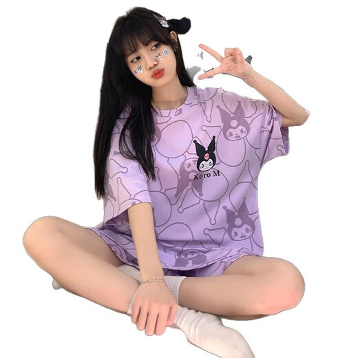 京濮飞日系卡通短袖睡衣女夏季宽松薄款家居服可外穿套装 677紫库洛米 170 M码【建议80-90斤】