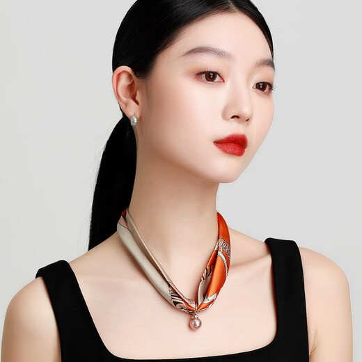 丝界新款珍珠磁吸长条项链小丝巾女简约四季装饰领巾通勤百搭领巾围巾