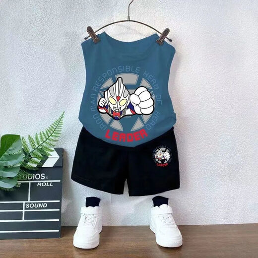 Snoopy Boys reine Baumwollhülsenweste Westeanzug für äußere Wear Ultraman Street Brat Street Boys Fünf-Punkte-Hose Zwei-teilige Fruchtgrüne Weste T983 + Schwarze Shorts T273 130 Empfohlene Höhe 120-130 cm