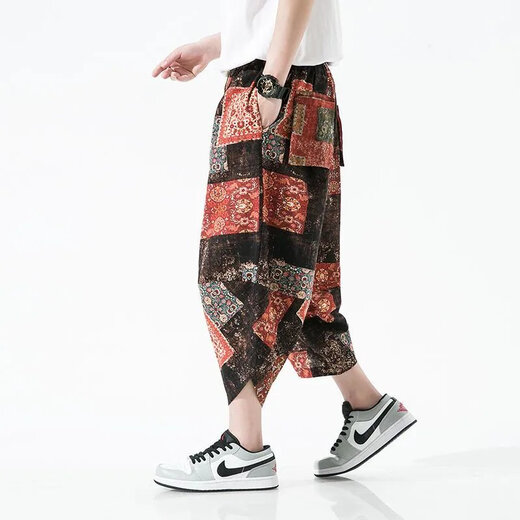 Wanjun Pantalon recadré pour hommes et ethnique chinois pantalons décontractés imprimés pantalons larges lâches