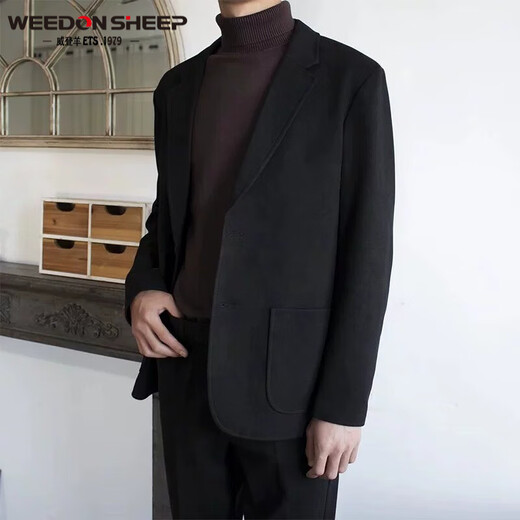 威登羊毛呢西装外套男春秋季新款2023轻熟风男装休闲男士厚呢子西服套装 棕色外套+黑高领毛衣+棕色西裤 M
