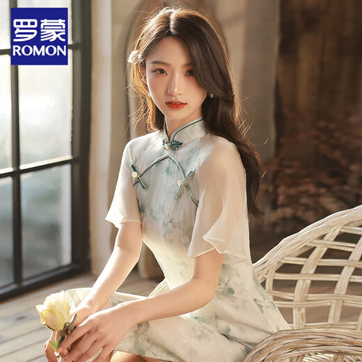 罗蒙（ROMON）日常新式改良旗袍2025新款年轻款少女复古修身平时可穿连衣裙夏季 十三行14132花绿旗开得胜 2XL