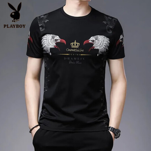Playboy (PLAYBOY) Chinese style tiger head trendy men's short-sleeved T-shirt fashion printed large-size men's base shirt half-sleeved loose top 829 black letters M 165 [recommended 100-120 Jin [Jin equals 0.5 kg]]