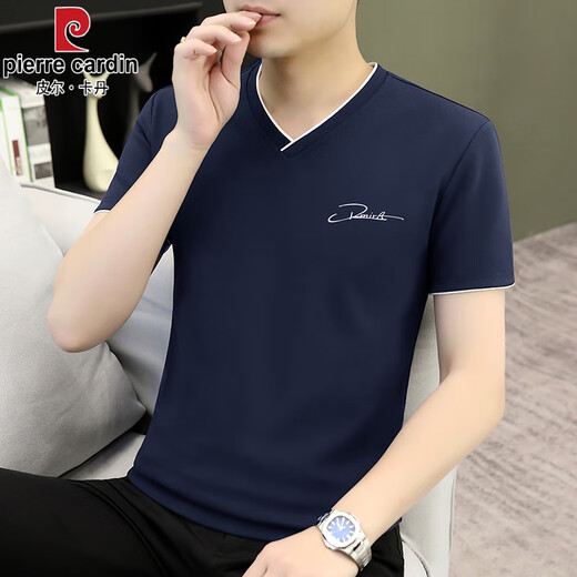皮尔卡丹（pierre cardin）白色v领短袖t恤男士青年棉印花字母上衣韩版打底 D7029白色V领短袖  M 建议90-115斤