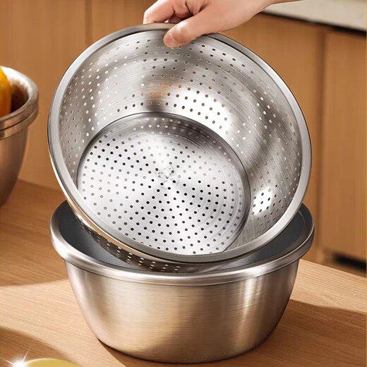 Rice helper stainless steel basin for washing vegetables, drain basket, leaky basin, washing basin, egg beating and basin, boiling fish basin, laundry canteen basin, 22cm extra thick, solid basin + leaky basin, combination pack