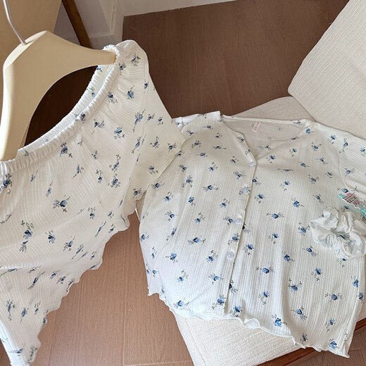 Yalu chest pad short-sleeved pajamas summer cardigan jacquard cotton home clothing princess style print double short set DW683 blue flower (with chest pad) XL (120-140Jin[Jin equals 0.5 kg])