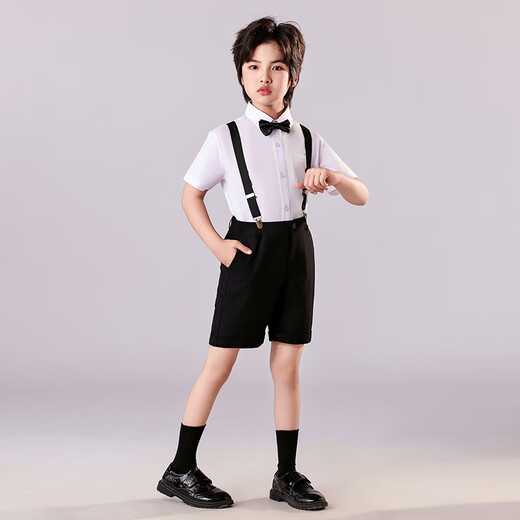 安妮优儿儿童礼服男童套装主持人演出服小男孩花童表演西装夏 黑色  150