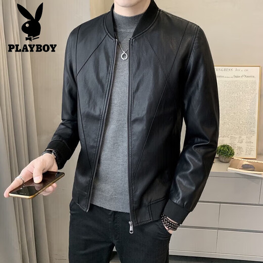 Playboy (PLAYBOY) high-end leather jacket men's spring and autumn trendy casual leather jacket short retro slim motorcycle men's leather jacket black L