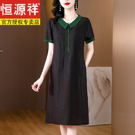 恒源祥杭州真丝连衣裙女夏季新款短袖宽松显瘦香云纱复古妈妈桑蚕丝裙子 6625D红色100%桑蚕丝 L 95-110斤