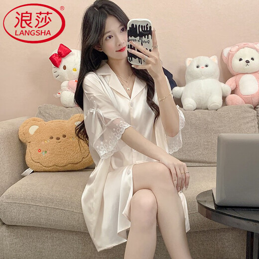 LangSha (LangSha) Light Luxury Ice Silk Nightgown Women's Spring and Autumn New Short-sleeved Korean Style Mid-Length Summer Pajamas Boyfriend Style Sexy Shirt 5000Q 2XL Recommended 140-160 Recommended Jin Jin is equal to 0.5 kg Wear