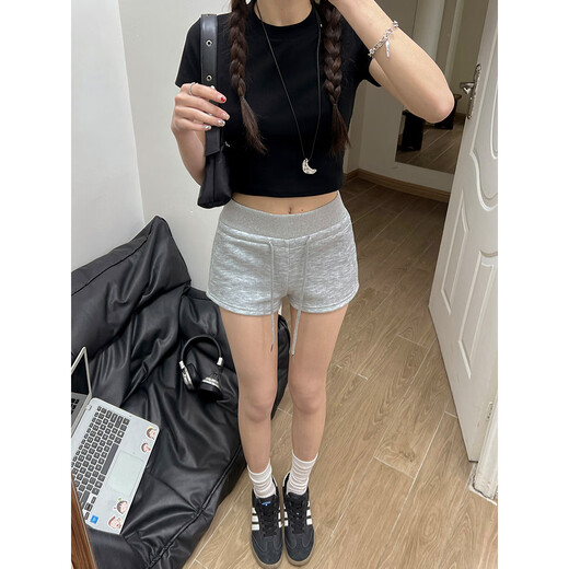 Miao Yijia American sports shorts for women wearing summer 2025 new hot girls hot pants high waist long legs tight hip pants American drawstring elastic waist hot pants [Gray] M [Suggested 91-105Jin [Jin equals 0.5 kg]]