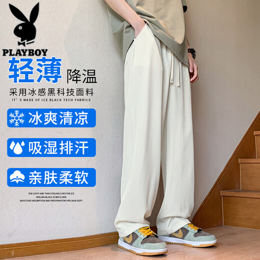 花花公子休闲裤男款夏季薄款2025新款美式直筒宽松阔腿裤冰丝运动裤子男士 H41灰色  薄款 S 【建议80-100斤】