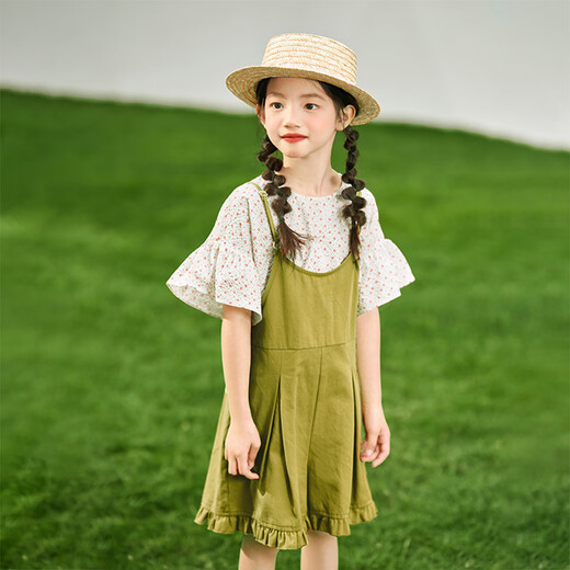 茵曼女童背带短裤套装2025夏装新款短袖中大童洋气儿童多巴胺两件套潮 茶绿色 160