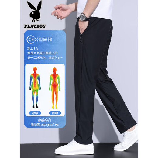 花花公子（PLAYBOY）冰丝休闲裤男士夏季薄款垂感速干运动2025新款弹力宽松直筒长裤子 688灰色束脚. 2XL 140-155斤