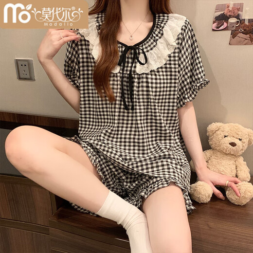 
Modal summer Korean sweet lazy princess style pajamas for women 2025 new short-sleeved plaid with chest pad home clothing set HY#682 jade color [with fixed chest pad] M Recommended 80-95 Jin [Jin equals 0.5 kg]