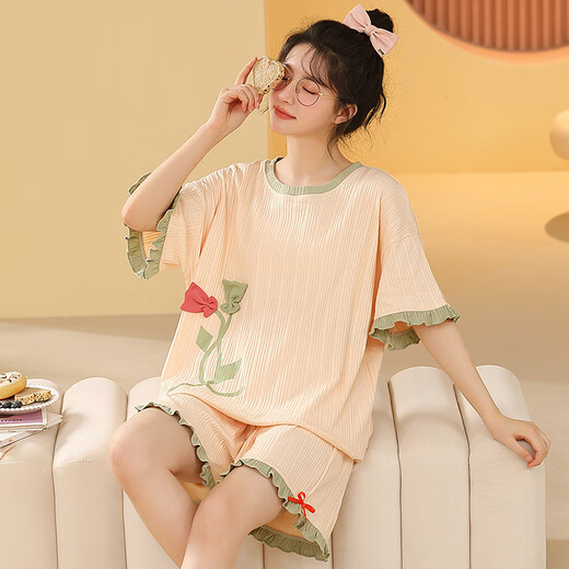 
Zimu Yaju pajamas for women in summer pure cotton Korean cute large-size short-sleeved two-piece suit for outdoor summer spring and autumn home clothes off-white GXT6636 picture color 3XL Recommended 145-155Jin [Jin equals 0.5 kg]