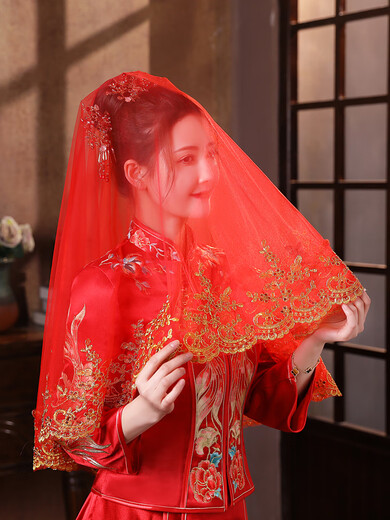 Sen uses red hijab bride wedding hijab red veil Xiuhe suit high-end hijab wedding gauze Chinese style translucent red (gold branches and jade leaves) lace hijab 100cm-135cm