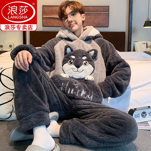 浪莎（langsha）男士睡衣男珊瑚绒冬季学生卡通宽松冬天法兰绒加厚加绒家居服套装 *ZS*9903【双面长毛绒套装】 M 小号(75-95斤)