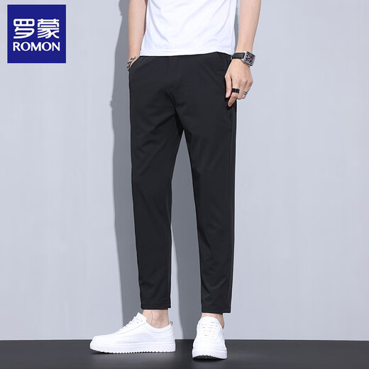 罗蒙（ROMON）男士夏季九分裤修身冰丝薄款商务小西装裤男装新款直筒休闲裤子 79T9905黑色 30