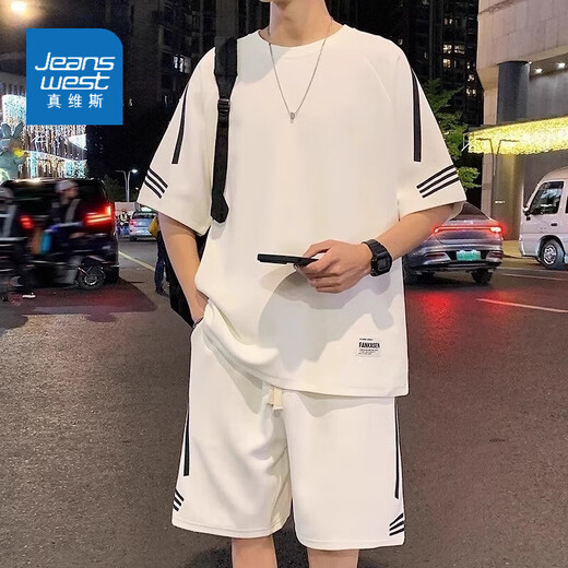 真维斯运动套装男士夏季薄款宽松潮流冰丝短袖t恤男短裤休闲两件套男装 FKS653黑色套装 3XL 约170-190斤可穿