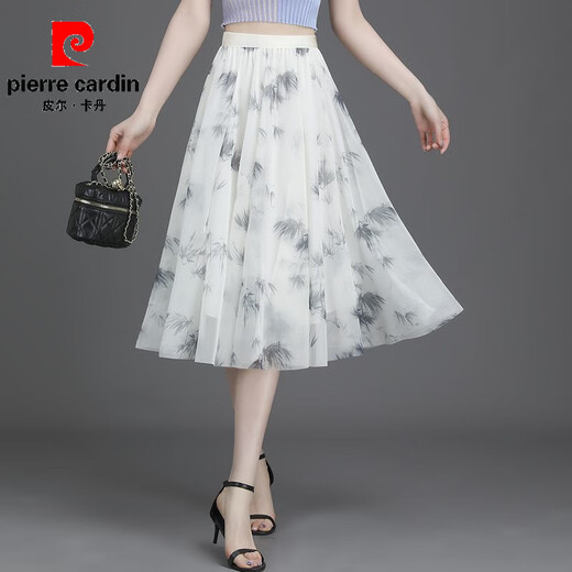 Pierre Cardin 2025 Sommer neuer Blumenrock für Frauen mit kleinem frischem Kurzrock mit großem Sway-Mesh-gedrucktem A-Line Slim Chiffon Midrock New Stoff Chiffon (9906-1) Eine Größe (elastische Taille)