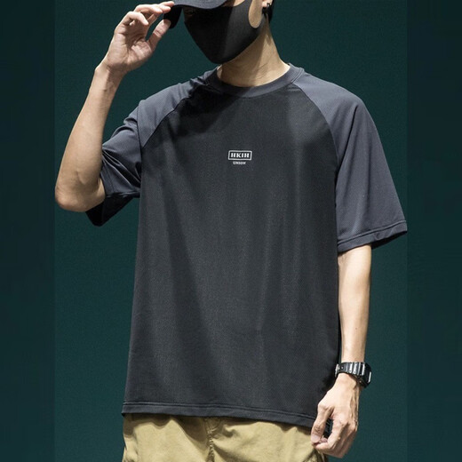 FHHUABD2024冰丝网眼插肩袖短袖T恤男夏季宽松大码薄款透气速干运动上衣 【冰丝速干】844深灰色T恤 L 【建议100-120斤】
