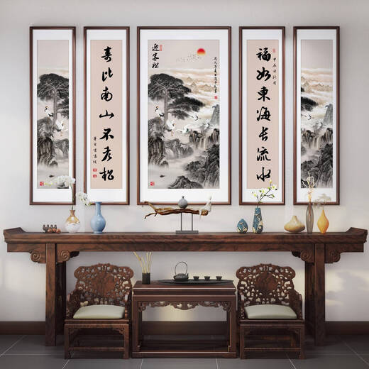 CLCEY寓意好中堂画新中式大气农村堂屋挂画五联别墅客厅自建房山水 下福买贵退差价售后无 中间14070+4个14030cm实木